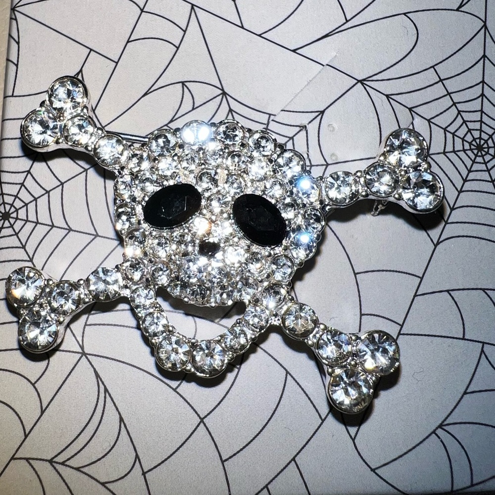 Silver Crystal Skull & Bones Brooch